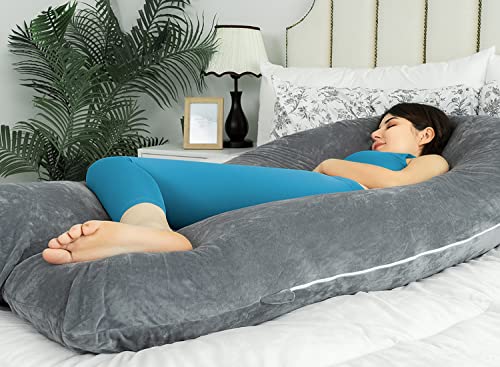 QUEEN ROSE 65 Inch U Shaped Pregnancy Body Pillow for Sleeping,Gray Velvet - color: Grey