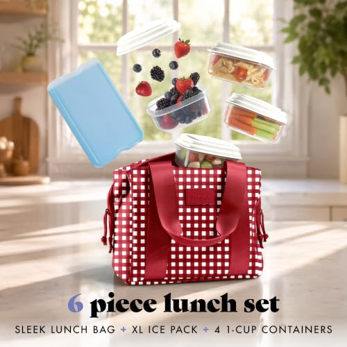 Fit & Fresh Remi Neoprene Lunch Bag for Women w/Ice Pack & Containers - color: Red Gingham, size: One Size