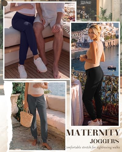 3 Pack Women Maternity Pants Pregnancy Lounge Jogger - color: Black, Dark Gray, Navy Blue, size: Large