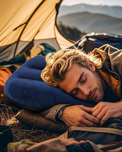 Inflatable Camping Pillow – Ultralight Compact Travel Pillow, Picnic-Blue - color: Blue