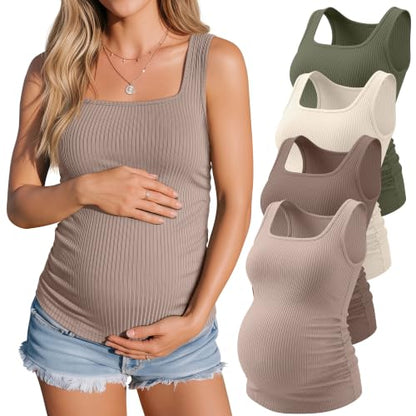 4 Pack Maternity Ribbed Tank Tops - color: Camel, Mocha, Apricot, Gray Green, size: Medium