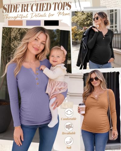 Huukeay 3 Pack Womens Maternity Long Sleeve Shirts - color: Orange, Lavender, Black, size: Medium