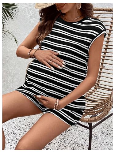 MakeMeChic Women Maternity Striped 2 Piece Short Sets - color: Black, size: Medium