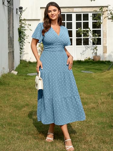 RWJ Women's Plus Size Wrap V Neck Summer Casual Holiday Wedding Maxi Dress - color: Light Blue, size: 3X-Large Plus
