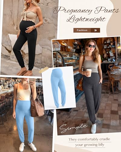 3 Pack Women's Maternity Pants Pregnancy Joggers - color: Light Blue, Dark Heather Gray, Black, size: X-Large