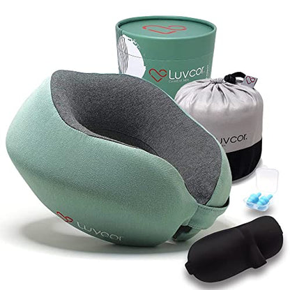 Premium Quality Memory Foam Travel Neck Pillow Bundle - Best Ergonomic Pillow for Airplane Travel, car Ride, Sleeping. Comes with Eye mask, earplugs and Storage Bag. (Imperial Green)
