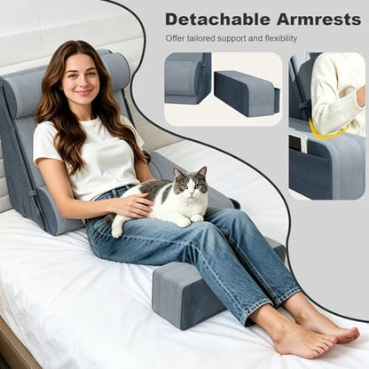 COZEER Reading Pillow, Back Pillow for Bed with Adjustable Headrest & Independent Lumbar Support, Detachable Armrest Sit Up Pillow for Bed, Dual Side Storage Pockets for Reading