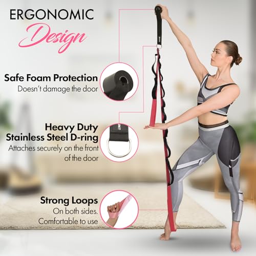 10-Loop Yoga Strap with Door Anchor for Stretching & Flexibility - color: Pink
