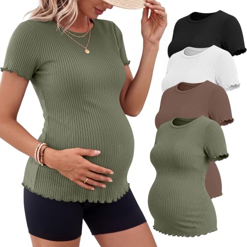 Riyiper 4 Pack Maternity Ribbed Knit Shirts for - color: Gray Green, Brown, White, Black, size: Large