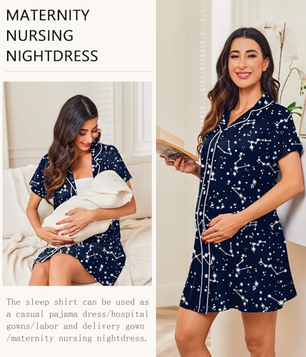 Ekouaer Womens Nightgown Button Down Short Sleeve Notch Collar Sleep Shirt - color: Starry Sky, size: 3X-Large
