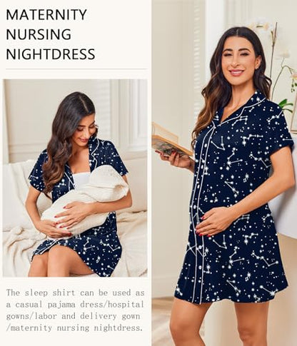 Ekouaer Womens Nightgown Button Down Short Sleeve Notch Collar Sleep Shirt - color: Starry Sky, size: 3X-Large