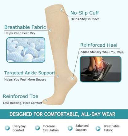 8 Pairs Compression Socks Women Men 15-20mmHg Knee High Support Circulation - color: 07 - Nude, size: Small-Medium