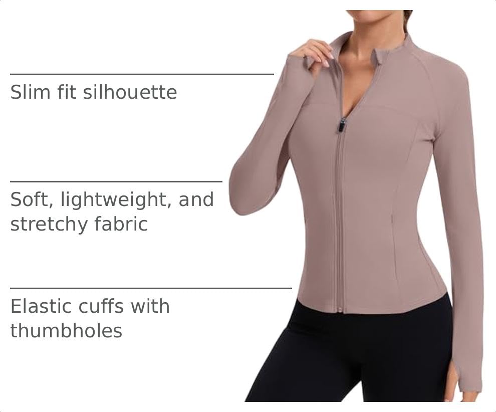 Rapbin Women's Full Zip Workout jackets Runing Slim Fit Athletic Tops With Thumb Holes - color: Cream Coffee, size: Large