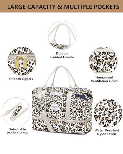 Travel Weekender Duffle Bag for Women: Overnight Bags with Shoe Compartment - color: Leopard Print, size: Large