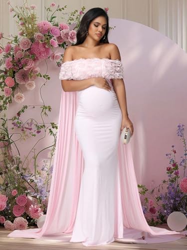 Maternity Mesh Off Shoulder Chiffon Cloak Maxi Photoshoot Dress - color: Pink-a, size: Medium