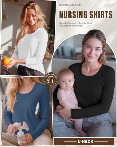 3 Pack Women's Long Sleeve Nursing Tops - color: Haze Blue, White, Black, size: XX-Large