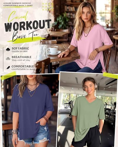 4 Pack Women's Oversized V Neck Shirts - color: Black, Green, Light Pink, Dark Blue, size: Large