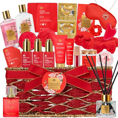 35 Pcs Gift for Women, Red Rose Bath & Body Basket Gift, Spa Gift Basket