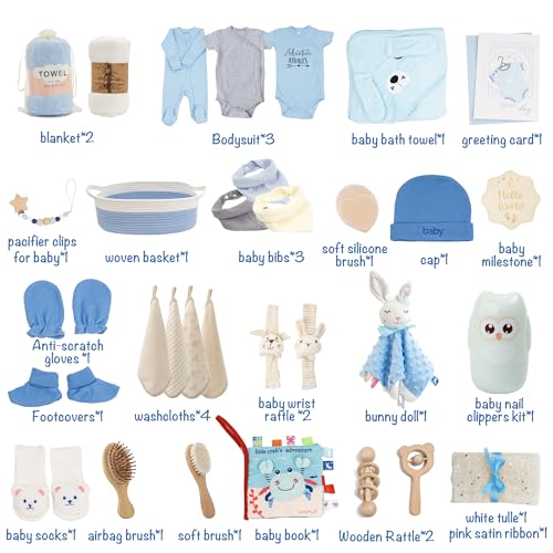 30 Piece Baby Gift Basket – Luxury Curated Baby Gift Basket for Newborn - color: White blue