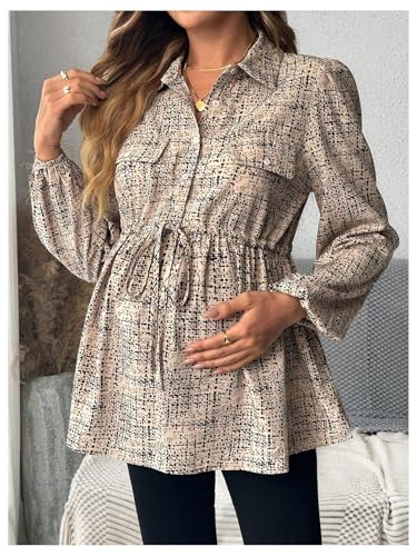 MakeMeChic Women's Maternity Blouse Long Sleeve Belted Button Down Tops - color: Khaki a, size: Small