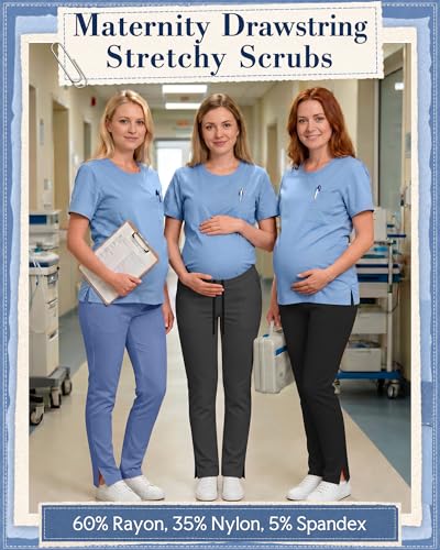 3 Pack Comfy Women's Maternity Scrub Pants - color: Light Blue, Dark Gray, Black, size: X-Large