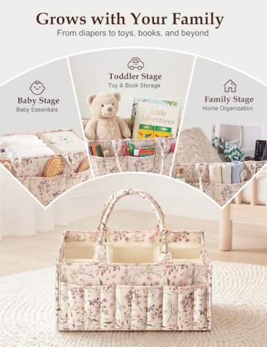 Quilted Diaper Caddy Organizer with Handle, Portable Nursery Storage Basket - color: Flower Leaf