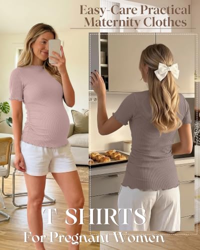 3 Pack Women's Ribbed Maternity Tops - color: Dusty Rose Pink, Latte, Apricot, size: Medium
