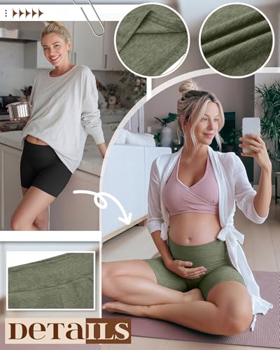 4 Pack Maternity Shorts - color: Gray Green, Light Gray, Beige, Black, size: Medium