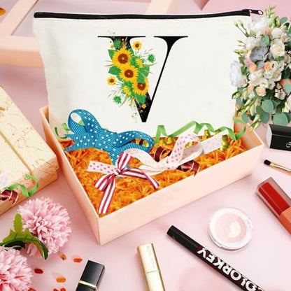 Andeiltech Initial Canvas Tote Bag Sunflower Letter Personalized Makeup Bag Monogrammed Gift for Bridesmaids Birthday Wedding - color: Sunflower Letter_v