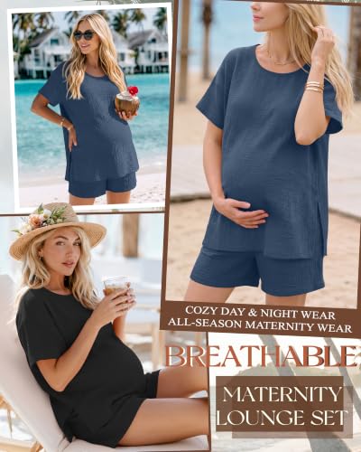 Riyiper 4 Pcs 100% Cotton Maternity Pajamas Sets - color: Blue, Black, size: X-Large
