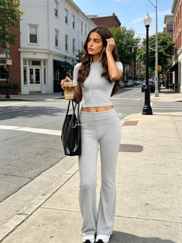 COPYLEAF Two Piece Lounge Sets for Women Fold Over Leggings Y2k Outfits - color: Light Grey, size: Medium