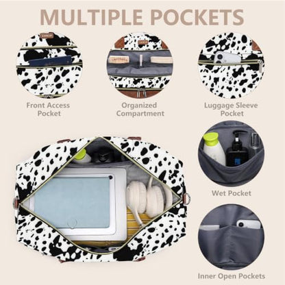 Large Women Travel Weekender Bag: Carry on Duffle with Shoe Compartment - color: Black Cow Print