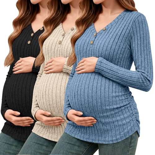 Oakgarden 3 Pack Women's Ribbed Henley Maternity Sweaters - color: Black, Apricot, Blue, size: Large