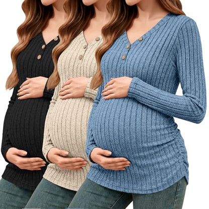 Oakgarden 3 Pack Women's Ribbed Henley Maternity Sweaters - color: Black, Apricot, Blue, size: Large