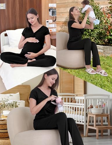 3-Piece Maternity Nursing Pajamas Set for Pregnancy & Postpartum - color: Black, size: Small