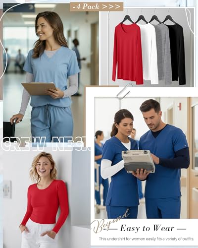 Xaatren 4 Pack Women's Underscrub Long Sleeve Nurse Shirts - color: Black, Red, Light Mixed Gray, White, size: Medium