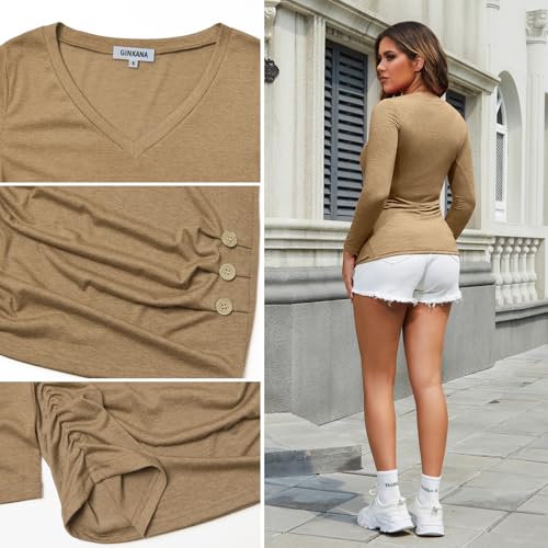 GINKANA Maternity Shirt Long Sleeve Basic Top Ruch Sides Buttons Tshirt for Pregnant - color: Khaki, size: Small