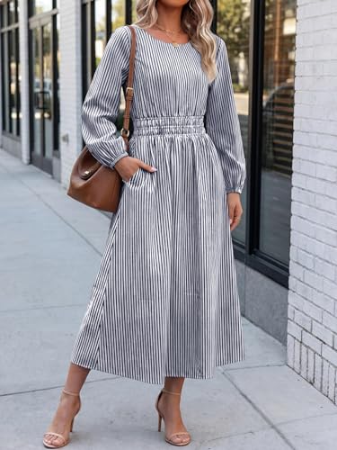 ANRABESS Women's Long Sleeve Striped Fall Midi Dress with Pockets - color: Navy White Stripe, size: Medium
