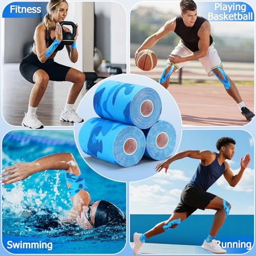 Wide Kinesiology Tape, 3 Pack, 4in x 5.5yd, Waterproof Blue Camo - color: Blue Camo - 4in