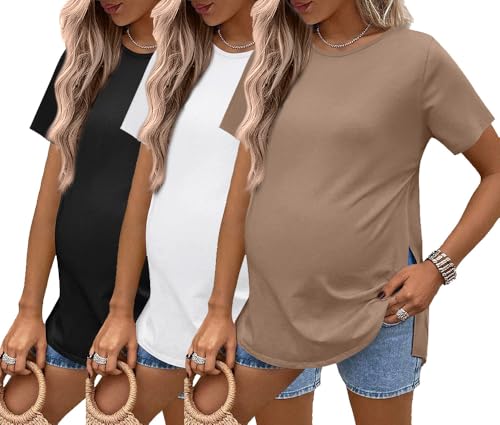Ekouaer 3 Pack Maternity Shirts Short Sleeve Pregnancy Tops Summer Clothes - color: Khaki/Black/White, size: Large