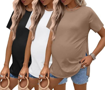 Ekouaer 3 Pack Maternity Shirts Short Sleeve Pregnancy Tops Summer Clothes - color: Khaki/Black/White, size: X-Large