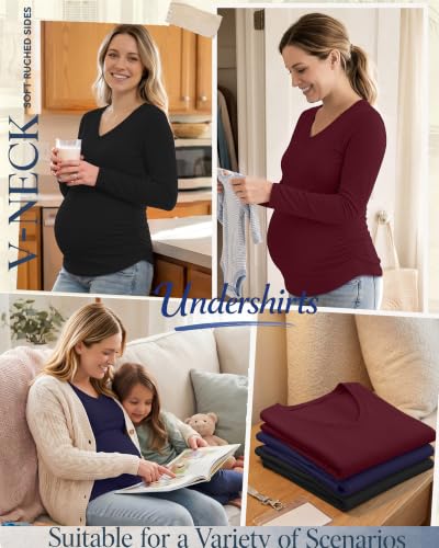 3 Pack Women Maternity Shirts Scrub Tops Side Ruched - color: Black, Navy Blue, Wine Red, size: Medium