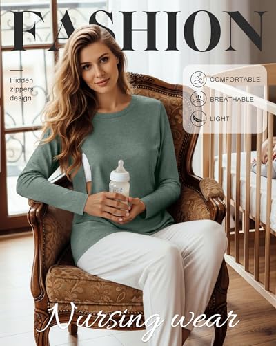 Women's Cotton Modal Maternity Nursing Tops - color: Green, size: X-Large