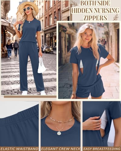 3 Piece Postpartum Nursing Pajamas Set Nursing Lounge Set - color: Haze Blue, size: Small