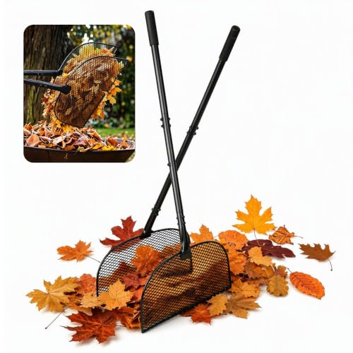 Leaf Grabber Rake with Long Handle, Heavy Duty Metal Leaf Picker Upper and Grass Collector, Upright Lawn Debris Pickup Tool with Upgraded Lock Nuts for Yard Cleanup, No Bending Over