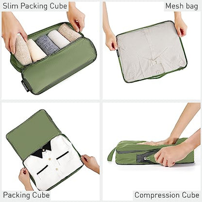 Bagail Ultralight Compression Cubes 7 Set - 3 Packing Cubes, 3 Organizers, and 1 Shoe Bag - color: The Matcha, style: Cloth Pattern