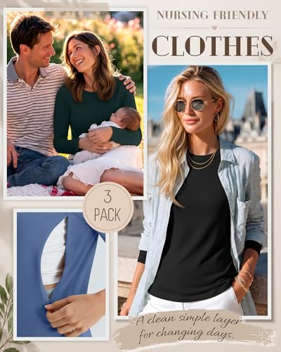3 Pack Women's Nursing Tops Breastfeeding Shirts Fall - color: Black, Dark Green, Haze Blue, size: Large