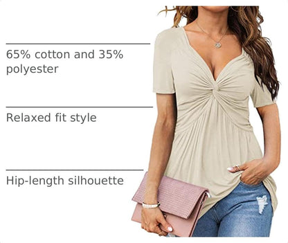 Tankaneo Womens Front Knotted V-Neck Blouse T Shirt Short Sleeve Oversized Tunic Tops Summer Solid Pullover Tees - color: A35-khaki, size: Medium