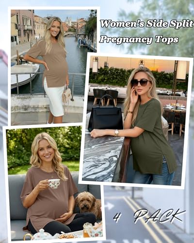 Riyiper 4 Pack Women's Short Sleeve Maternity T Shirts - color: Army Green, Coffee, Khaki, Cream, size: Medium