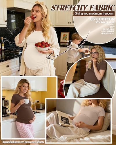 Huukeay 4 Pack Women's Short Sleeve Maternity Tops - color: Cream, Khaki, Coffee, Black, size: Medium